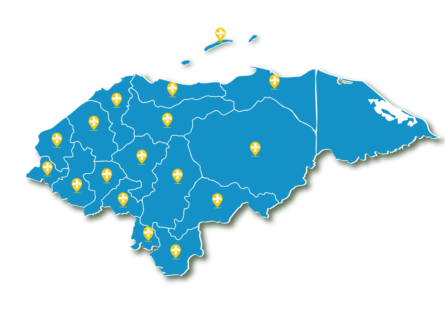 Mapa de cobertura nacional de Droguería Guardado en Honduras